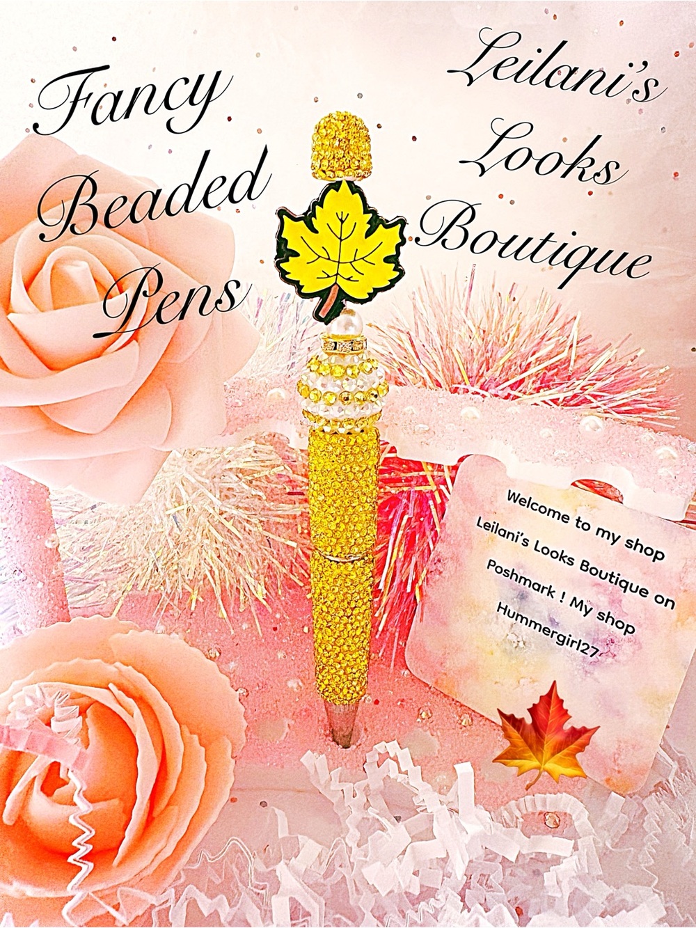 Fancy beaded pen/gifts/fall time/yellow beads/fall leaves/